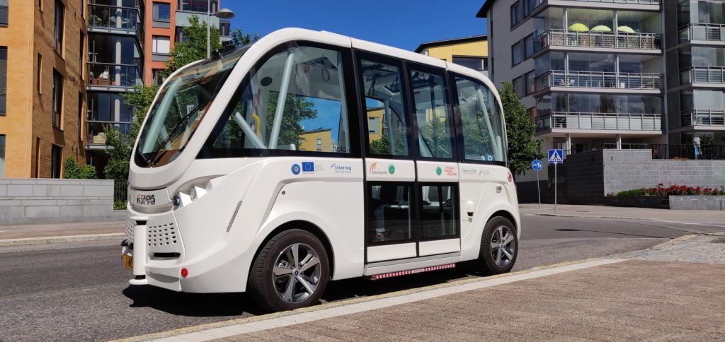 An electric automated shuttle on a street in Helsinki